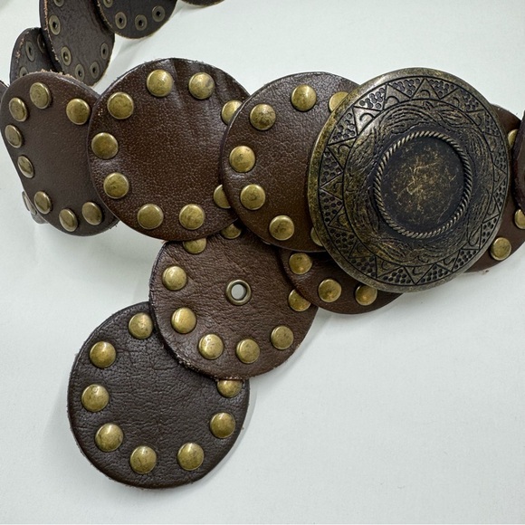 Vintage Boho Brown Genuine Leather Brass Studded Statement Belt Size Small main image 7